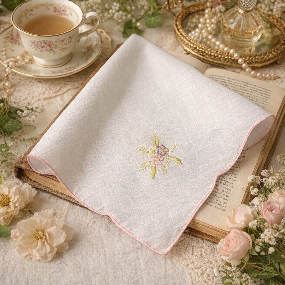 Vintage Floral Embroidered Handkerchief Pink Trim White Cotton Cottage